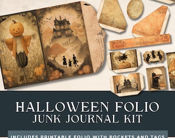 Vintage Halloween Junk Journal Folio, Printable Kit, Spooky Ephemera, Digital Download, Craft Supplies for Halloween