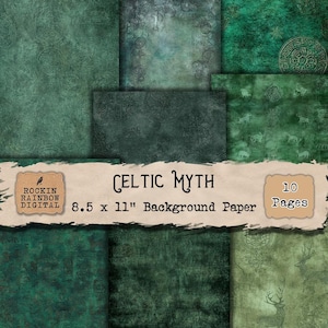 May include: A collection of ten 8.5 x 11 inch background papers with a Celtic Myth theme. The papers feature various shades of green with textured patterns and Celtic knot designs. The image includes the text "Celtic Myth" and "Rockin Rainbow Digital".