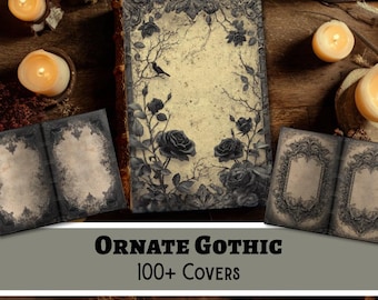 Puede incluir: Una colección de portadas de libros con motivos florales y de enredaderas negros ornamentados sobre un fondo crema envejecido. Los diseños incluyen ilustraciones detalladas de rosas y una silueta de ave. El texto dice Ornate Gothic 100+ Covers.
