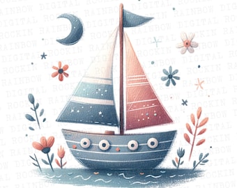 Cartoon Sailboat Clipart: Watercolor Nursery Art (Digital Download)