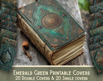 Emerald Green Journal Cover Bundle, Printable Junk Journal Cover, Vintage Digital Download, Ephemera Kit, Scrapbook Supplies, Journal Covers