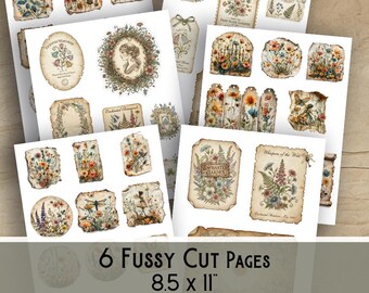 Printable Junk Journal Stickers Kit, Botanical Fussy Cuts, Digital Ephemera, Floral Scrapbook Supplies, Nature Collage Cut Outs