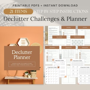 May include: A digital declutter planner with step-by-step instructions. The cover features the text "Declutter Planner" and "Your guide to simplifying spaces and streamlining life." The image includes 21 items and is available for instant download.