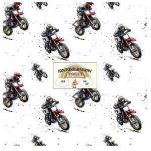 Puede incluir: Patrón repetitivo con ilustraciones de pilotos de motocross en motos rojas y amarillas, sobre un fondo blanco con detalles de salpicaduras negras. La imagen incluye un logotipo con el texto "ROCKINRAINBOW DIGITAL" y un gráfico de arcoíris, nube y llama.