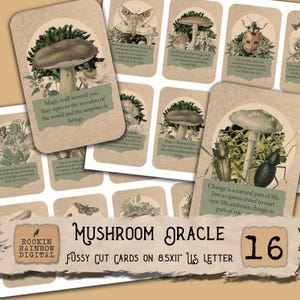 May include: A collection of Mushroom Oracle cards with botanical illustrations and inspirational text. The cards feature images of mushrooms, insects, and plants. The text includes phrases like "Magic is all around you" and "Change is a natural part of life."