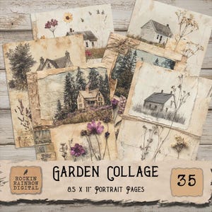 May include: A collection of vintage-style paper prints featuring botanical and architectural illustrations. The prints showcase images of houses, flowers, and trees, with a rustic, aged aesthetic. The text "Garden Collage" and "8.5 x 11" Portrait Pages" are visible.