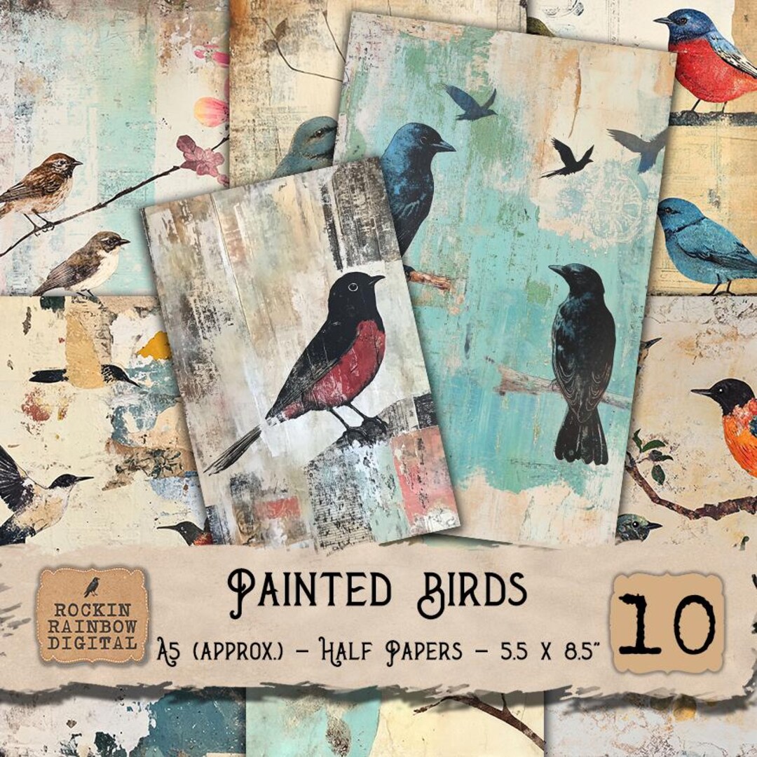 Painted Birds Collage, Printable Junk Journal Half Papers, Scrapbook ...