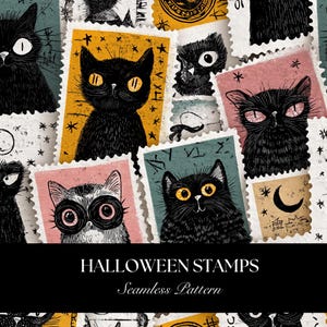 May include: A seamless pattern of black cat illustrations on postage stamps. The stamps have a vintage aesthetic with a Halloween theme, including stars and a crescent moon. The text "HALLOWEEN STAMPS" and "Seamless Pattern" are also visible.