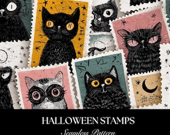 Cat Stamp Seamless Pattern, Digital Download for Spooky Fabric, Commercial Use, Cute Halloween Design