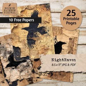 May include: A selection of printable papers with a vintage aesthetic. The papers feature black raven silhouettes against a backdrop of aged parchment with handwritten script. The text reads "10 Free Papers" and "25 Printable Pages".