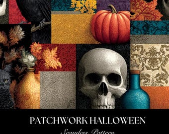 Naadloze Halloween-patchworkpatroon, digitale download voor spookachtige stof, commercieel gebruik, schattig Halloween-ontwerp