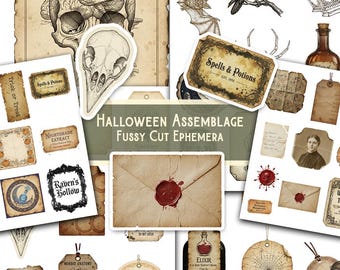 Elementi decorativi di Halloween, 50 pezzi ritagliati a mano e stampabili per junk journal, etichette e scrapbooking, kit di collage di ritagli gotici e grunge per Halloween