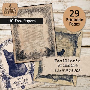 May include: A collection of printable pages with a vintage aesthetic. The image features several sheets of paper with ornate borders, illustrations of ravens and a black cat, and text that reads "Familiar's Grimoire". Includes 10 free papers and 29 printable pages.