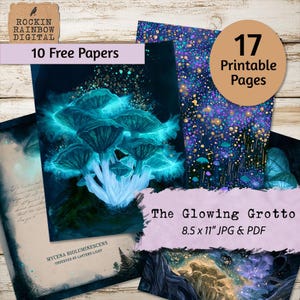 Könnte beinhalten: Eine digitale Sammlung von 17 druckbaren Seiten mit dem Titel The Glowing Grotto, bestehend aus 21,6 x 27,9 cm großen JPG- und PDF-Dateien. Die Designs zeigen biolumineszente Pilze, Sternenhimmel und botanische Dokumente im Vintage-Stil.