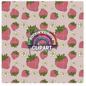 Strawberry Daisy Seamless Pattern, Daisy Paper, Digital Download, Pastel Strawberry Pattern, Boho Pattern, Commercial Use Digital Paper