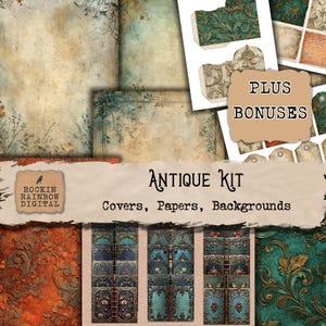 May include: An antique kit with covers, papers, and backgrounds. The image features a variety of vintage-style digital papers in shades of brown, green, and orange. The text "Antique Kit" and "Plus Bonuses" are also visible.