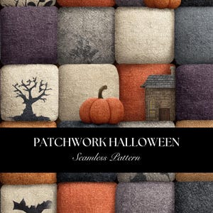 Puede incluir: Un patrón de Halloween sin costuras de patchwork con bloques cuadrados en varios colores y texturas. El diseño incluye una calabaza, una silueta de árbol, una casa y un murciélago. Se muestra el texto "PATCHWORK HALLOWEEN Seamless Pattern".