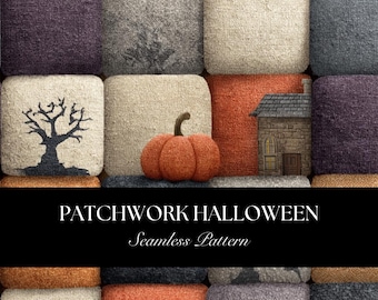 Naadloze Halloween-patchworkpatroon, digitale download voor spookachtige stof, commercieel gebruik, schattig Halloween-ontwerp