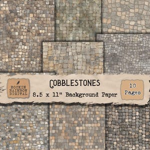 May include: Cobblestone background paper with a variety of stone textures in shades of gray, brown, and beige. The paper is 8.5 x 11 inches and includes 10 pages. The Rockin Rainbow Digital logo is visible.
