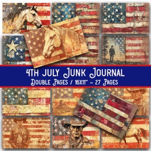 4th of July junk journal kit, Printable patriotic ephemera, Digital download scrapbook pages, Vintage style