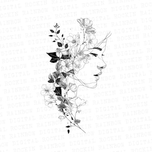 8 Floral Woman Face Clipart, Line Art Clipart, Printable Watercolor clipart, High Quality JPGs, Digital download, Paper craft, junk journals