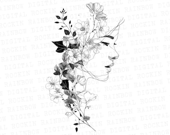 Floral Woman Line Art Clipart: Watercolor Flower Graphics (Digital Download)