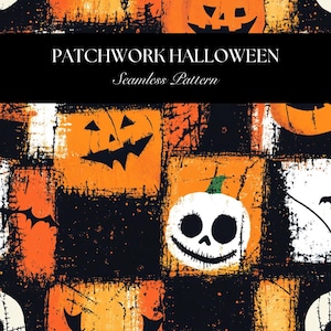 Puede incluir: Un patrón de Halloween sin costuras con calabazas naranjas y blancas, murciélagos y una calavera sonriente sobre un fondo de patchwork negro y naranja. El texto "PATCHWORK HALLOWEEN Seamless Pattern" se muestra en blanco.