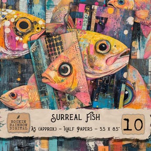 Può includere: Un collage di illustrazioni di pesci surreali nei toni del giallo, rosa e blu. I pesci hanno grandi occhi espressivi e sono sovrapposti a uno sfondo strutturato. Il testo "SURREAL FISH" e "10" sono visibili.