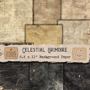 Può includere: Una collezione di carte di sfondo in stile vintage con un tema celeste. Le carte presentano trame invecchiate, mappe e scritte a mano. Il testo sulle carte recita "Celestial Grimoire" e "8.5 x 11" Background Paper". Ci sono 27 pagine.
