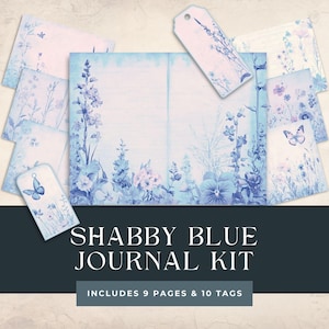 Shabby Blue Vintage Floral Junk Journal Kit, Printable Papers, Shabby Chic Ephemera for Scrapbooking, Tags