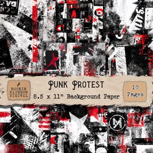Könnte beinhalten: Punk Protest Hintergrundpapier mit Grunge-Ästhetik. Das Design zeigt eine Collage aus schwarzen, weißen und roten Elementen, darunter Sterne und abstrakte Formen. Das Papier misst 21,59 x 27,94 cm.