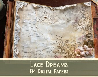 Vintage Lace Junk Journal Paper, Shabby Chic Printable, 84 Page Collection (Digital Printable)