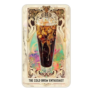 May include: A vintage-style illustration of a glass of iced coffee with the text "The Cold Brew Enthusiast". The illustration features a colorful background with gold accents.