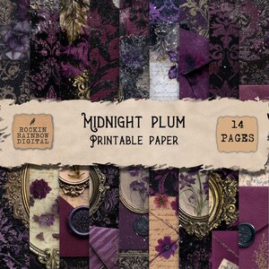 Puede incluir: Una colección de "Midnight Plum Printable Paper" con varios patrones y diseños en tonos morado, negro y dorado. La imagen incluye elementos decorativos, motivos florales y el texto "14 Pages". También es visible el logotipo de Rockin Rainbow Digital.