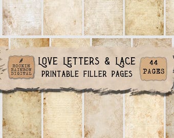 Op de afbeelding: Een digitale collage met vintage papieren achtergronden met handgeschreven script en kanten details. De afbeelding bevat de tekst "Love Letters & Lace Printable Filler Pages" en "44 Pages". Het Rockin Rainbow Digital-logo is ook aanwezig.
