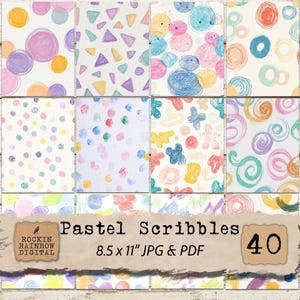 May include: A set of 12 pastel-coloured digital papers with diverse scribble designs. The papers display patterns of circles, triangles, and abstract shapes in pink, blue, yellow, and purple. The text "Pastel Scribbles" and "8.5 x 11" JPG & PDF" are visible.