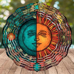 Moon and Sun Wind Spinner - Stained Glass, Celestial Stars Outdoor Decor, Magical Garden Windspinner Gift, Sublimation PNG
