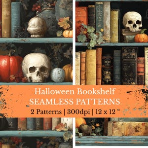 Könnte beinhalten: Digitales Kunstwerk eines Bücherregals zum Thema Halloween mit Totenköpfen, Kürbissen und alten Büchern. Das Bild enthält den Text "Halloween Bookshelf SEAMLESS PATTERNS" und Abmessungen von 30,48 x 30,48 cm.