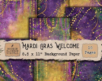 May include: A collection of ten Mardi Gras-themed background papers. The papers feature a mix of purple, gold, and green colors with decorative elements. The text on the image reads "Mardi Gras Welcome" and "8.5 x 11" Background Paper."