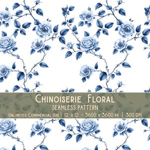 Peut inclure: Un motif floral sans couture de style chinoiserie en bleu et blanc. Le motif présente de délicates roses bleues et des feuilles sur un fond blanc. Le texte "CHINOISERIE FLORAL SEAMLESS PATTERN UNLIMITED COMMERCIAL USE | 12 x 12" - 3600 x 3600 PX | 300 DPI" est en bas de l'image.