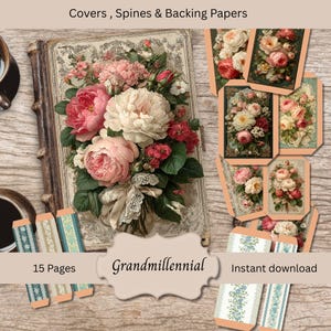 Cover Kit Grandmillennial Junk Journal Covers & Spines Digital Book Topper Printable lace spine Vintage botanical, antique