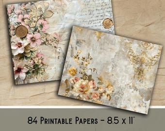 Vintage Lace Junk Journal Paper, Shabby Chic Printable Backgrounds, Victorian Digital Paper Pack, Cream Floral Scrapbook Pages, 84 Sheets