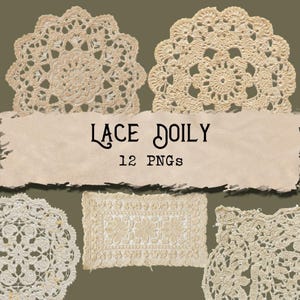 May include: A collection of cream-colored lace doilies in various shapes and designs. The image includes round and rectangular doilies with intricate floral and geometric patterns. Text on a banner reads "Lace Doily 12 PNGs".