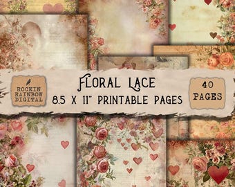 Valentine Junk Journal Ephemera, Victorian Roses & Lace Printables, Romantic Floral Collage Sheets, Vintage Hearts Digital Download