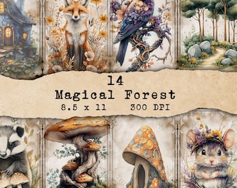 Enchanted Forest Junk Journal Printables, Woodland Animal Ephemera, Vintage Digital Downloads for Scrapbooking & Collage