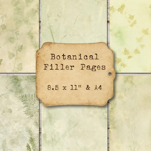 May include: A collection of light green botanical filler pages featuring various leaf and fern patterns. A central tan tag displays the text Botanical Filler Pages 8.5 x 11" & A4, indicating the available paper sizes for these printed sheets.