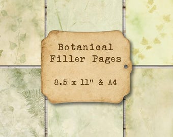 May include: A collection of light green botanical filler pages featuring various leaf and fern patterns. A central tan tag displays the text Botanical Filler Pages 8.5 x 11" & A4, indicating the available paper sizes for these printed sheets.