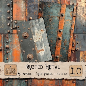 May include: Rusted metal digital paper pack featuring a collage of weathered metal plates in shades of orange, gray, and blue. The image includes the text "Rusted Metal" and "10" with the dimensions of the paper.