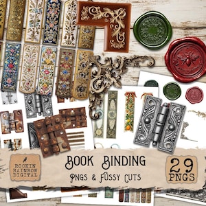Puede incluir: Una colección de elementos de encuadernación de libros, que incluye esquinas decorativas, bisagras ornamentadas y marcadores coloridos. La imagen también presenta sellos de cera verdes y rojos, y el texto "BOOK BINDING PNGS & FUSSY CUTS".