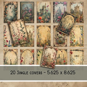 Puede incluir: Un conjunto de 20 cubiertas individuales con ilustraciones vintage. Los diseños incluyen castillos, arreglos florales y arcos, sobre un fondo de papel envejecido. Miden 14,29 x 21,91 cm. Texto: 20 SINGLE COVERS - 5.625 x 8.625.